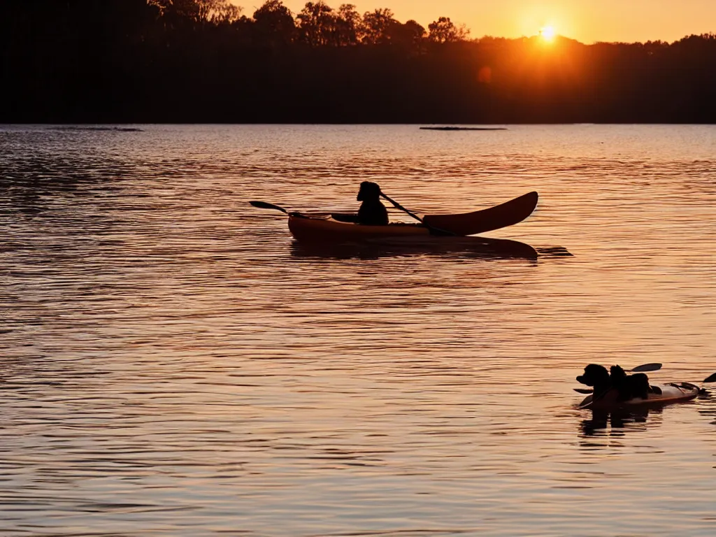 Prompt: a brown springer spaniel stood in a kayak, sunrise, beautiful early light, golden hour