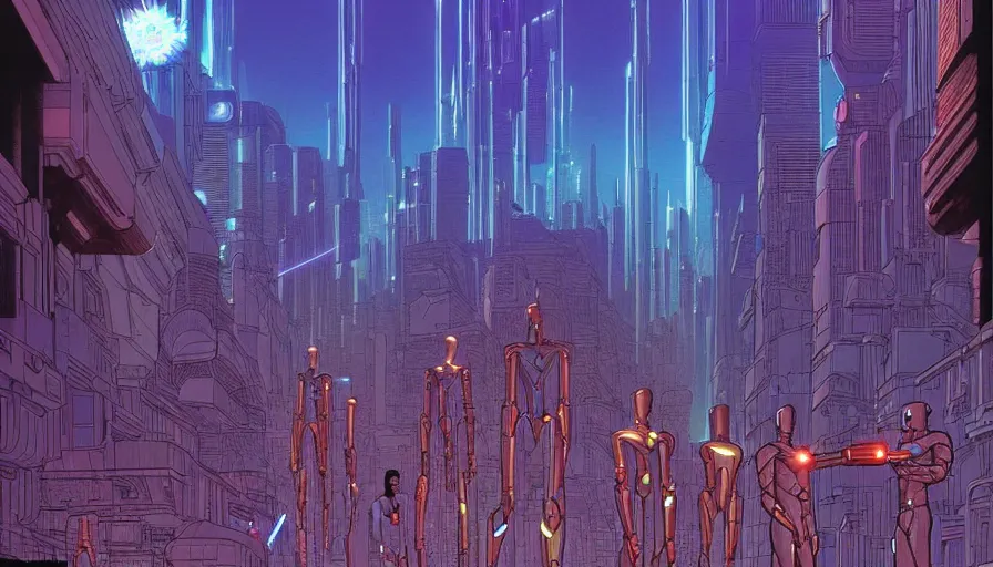 Image similar to metahumans and androids holding laser canons, fractals, cyberpunk city street, visual development by jean giraud and moebius, incal!!!!!!, dynamic lighting, daylight