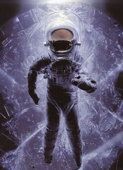 Image similar to astronaut in dark void underwater - complex and hyperdetailed technical suit design. reflection and dispersion materials. rays and dispersion of light. volumetric light. f / 3 2. noise film photo. flash photography. ultra realistic, 5 0 mm. poster by wayne barlowe, hajime sorayama aaron horkey, craig mullins