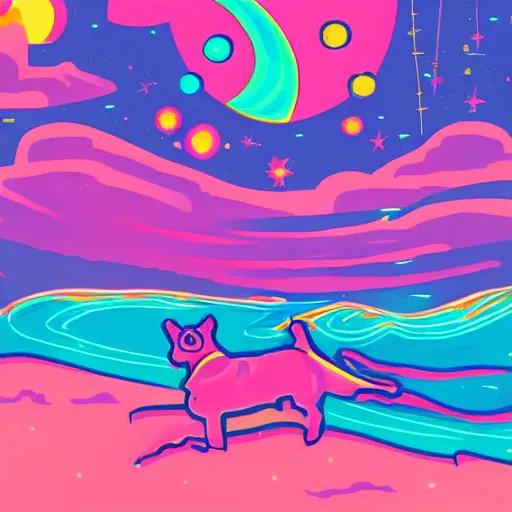 Image similar to Rad Dog Neon Surf aesthetic, Liminal space in outer space