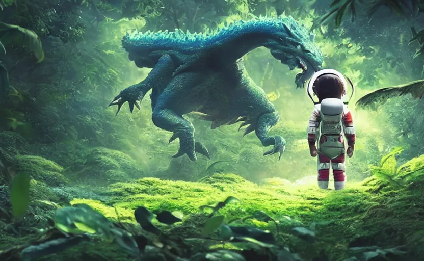 Image similar to a still of a cute adorable tiny astronaut, on a planet of lush foliage, with an enormous kaiju dragon surrounding, magical forest, sharp focus, neon backlit, highly detailed, disney pixar studio ghibli makoto shinkai, digital painting, matte, octane render, global illumination, iridescent, anime, 8 k concept art