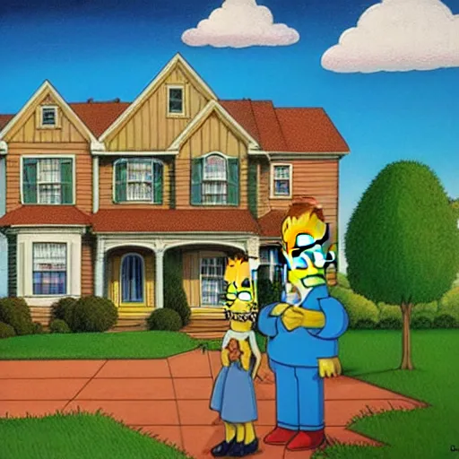 Image similar to the simpsons in the style of American Gothic, detailed painting