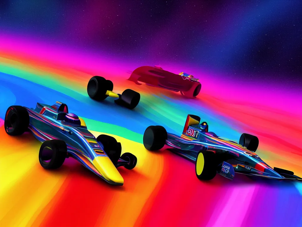 Prompt: f - 1 car driving on a road made out of a rainbow in space, digital art, high detail, 4 k, trending on artstation, great composition