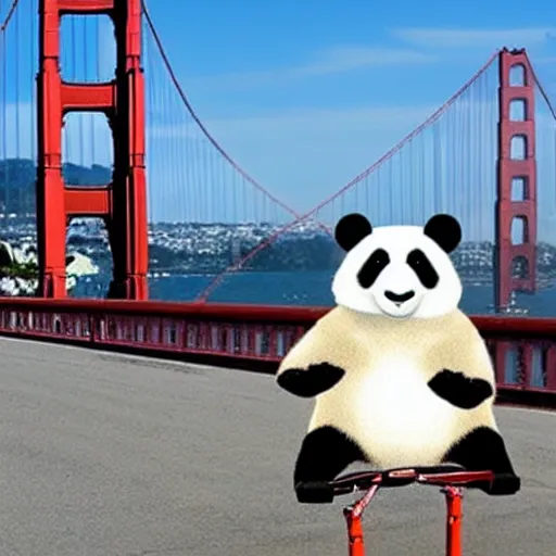 Image similar to a panda holding an umbrella and riding a unicycle on golden gate bridge,