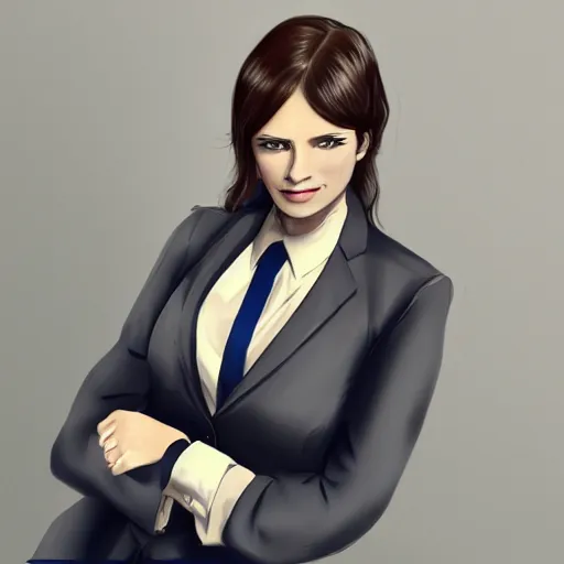 Prompt: woman in black business suit, chill, light brown neat hair, pixiv, fanbox, trending on artstation, portrait, digital art, modern, sleek, highly detailed, formal, serious, determined, blue tie, lawyer, colorized, smooth, charming, pretty, briefcase, safe for work