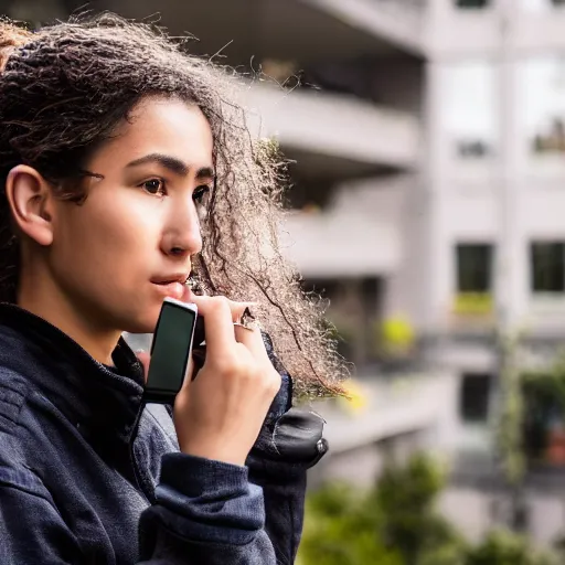 Image similar to candid photographic portrait of a poor techwear mixed young woman using a phone inside a dystopian city, closeup, beautiful garden terraces in the background, sigma 85mm f/1.4, 4k, depth of field, high resolution, 4k, 8k, hd, full color