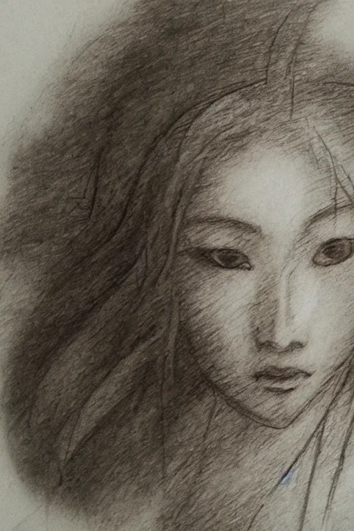 Image similar to portrait charcoal sketches by Yoshitaka Amano and Leonardo da Vinci, sepia tones, old paper
