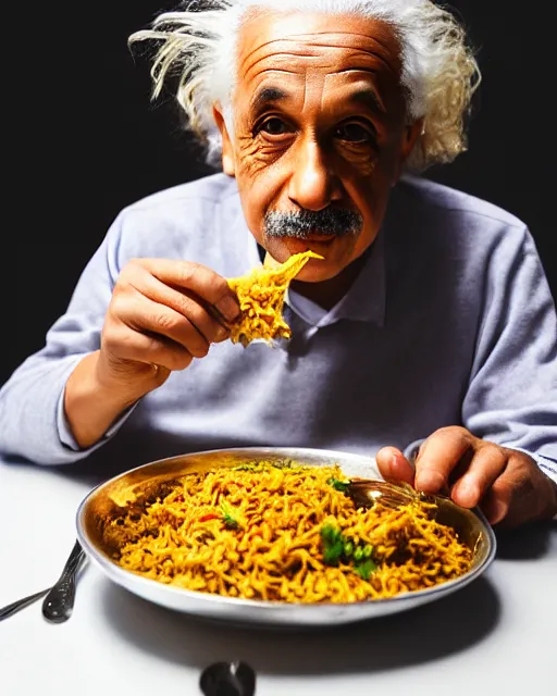 Image similar to A photo of Albert Einstein eating biriyani, highly detailed, trending on artstation, bokeh, 90mm, f/1.4