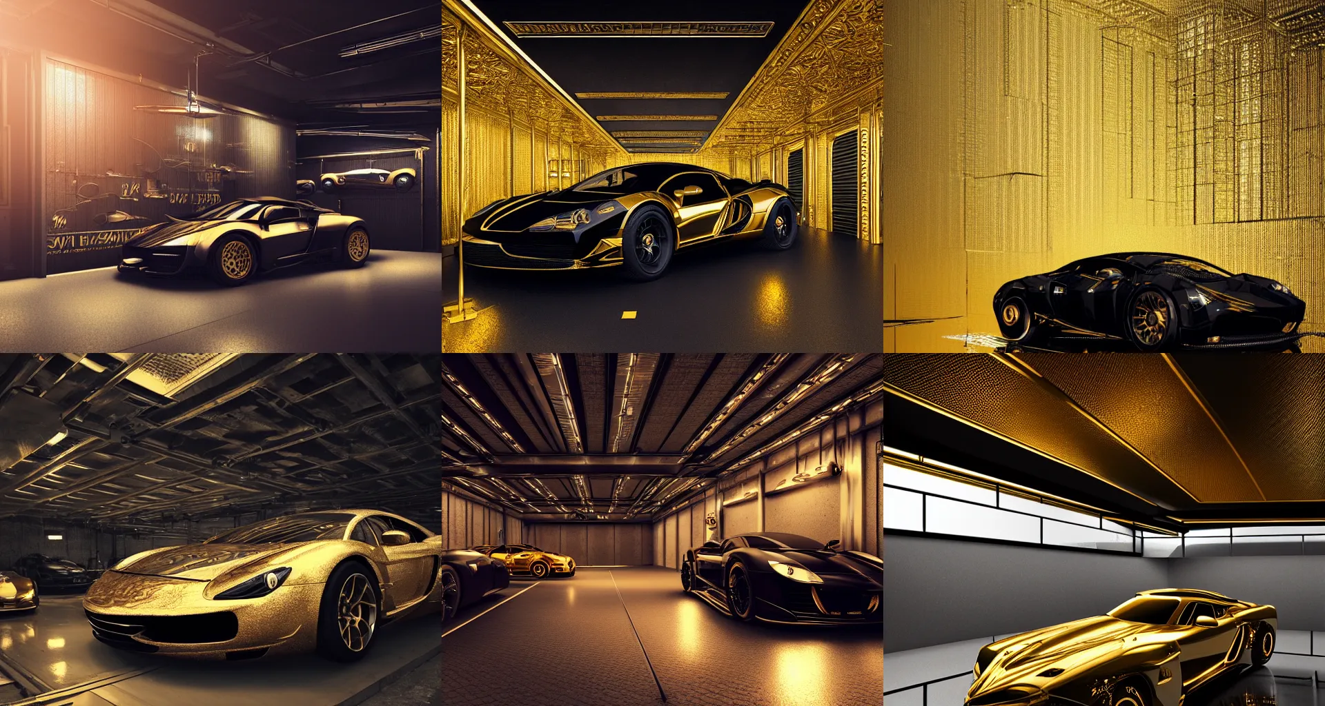 Prompt: black gold luxury car garage, intricate details, gilding, cinematic, epic, artstation, sylvain sarrailh, photorealism, bokeh