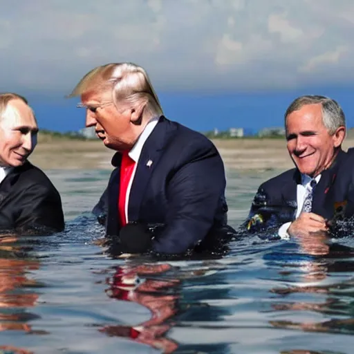 Image similar to putin, trump, obama and bush are below water scubadibing while smiling and having a great time