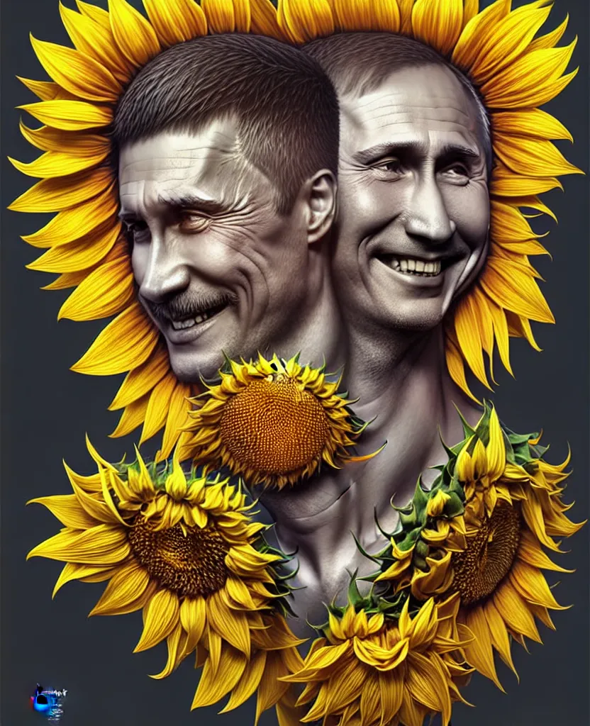 Image similar to digital art, centered full body of Putin smiling king, Sunflower crown, ,intricate, veins, by James Jean and by artgerm , by ross tran ultradetailed, charachter design, concept art, trending on artstation,