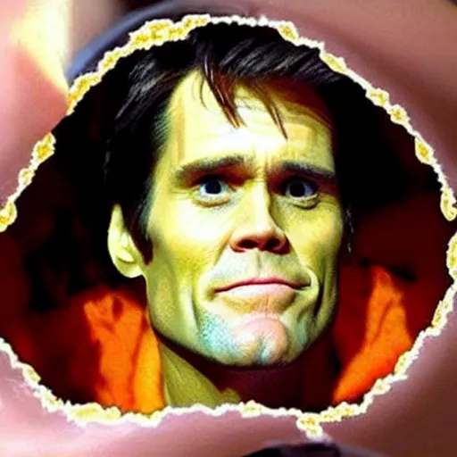 Image similar to jim carrey's head inside of a burrito, inside burrito, inside burrito