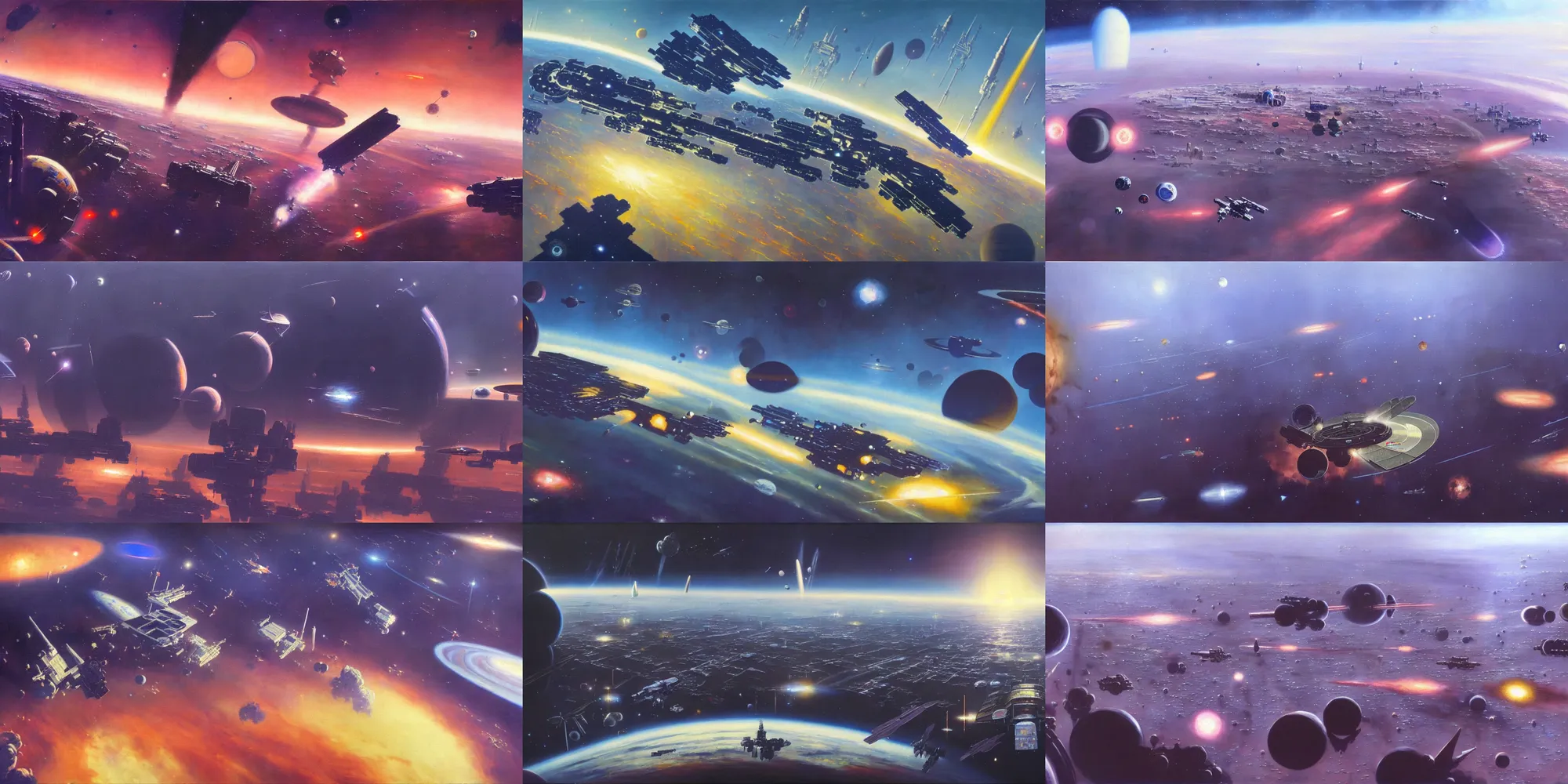 Image similar to a gorgeous painting of the low earth orbit space city under war by john harris. ultra clear detailed. 8 k