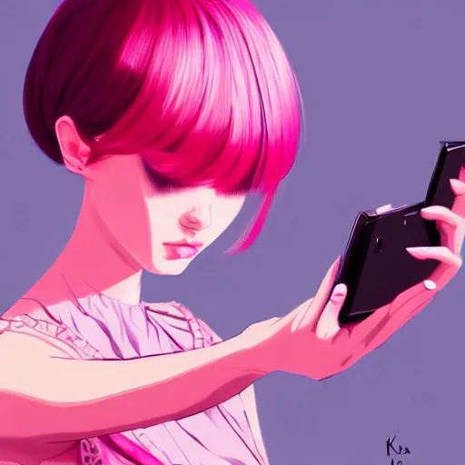 Prompt: girl taking a selfie, pink, intricate, elegant, sharp focus, illustration, highly detailed, concept art, matte, trending on artstation, anime, art by kuvshinov ilya h 6 4 0