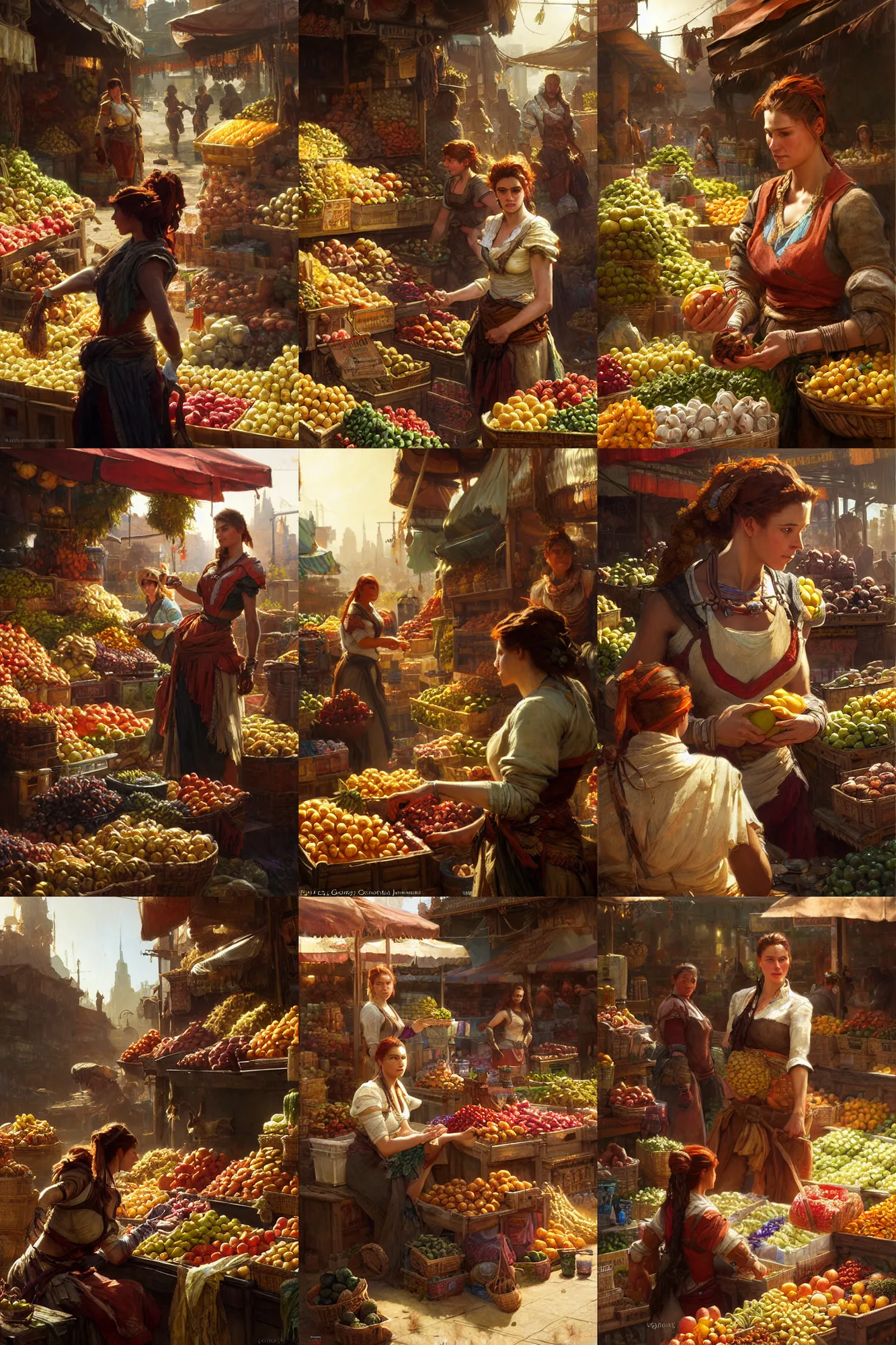 Prompt: a detailed portrait of a woman at a market place buying fruit from a merchant, horizon zero dawn 2 combined with dying light, painting by gaston bussiere, craig mullins, j. c. leyendecker