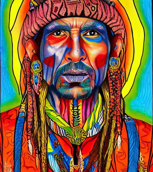 Image similar to Portrait painting in a style of Alex Grey of an old shaman dressed in a colorful traditional clothes.