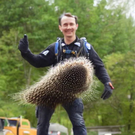 Image similar to parachuting man holding a porcupine