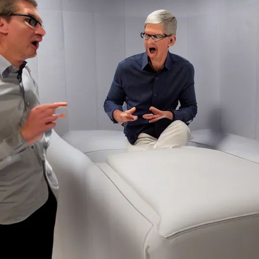 Image similar to tim cook going very insane in a padded cell