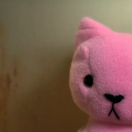 Prompt: pink kitty stuffed animal in foggy tendril of horror, haunted house, scary, sharp and visual, cinematic, 4k,