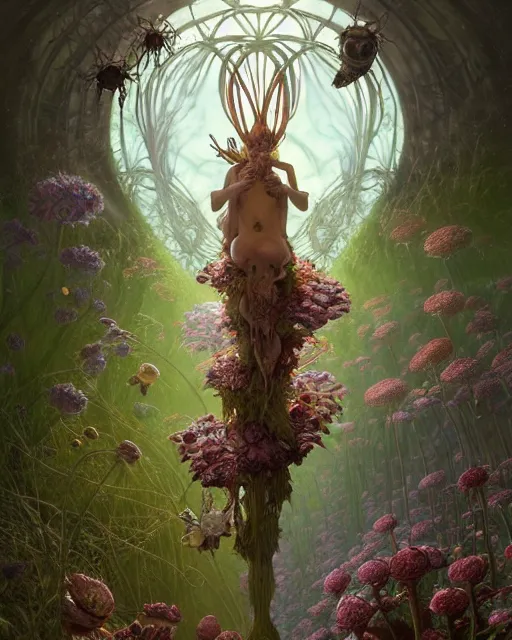 Image similar to the platonic ideal of flowers, rotting, insects and praying of cletus kasady carnage davinci dementor chtulu mandelbulb ponyo alice in wonderland dinotopia watership down, d & d, fantasy, ego death, decay, dmt, psilocybin, concept art by greg rutkowski and simon stalenhag and alphonse mucha