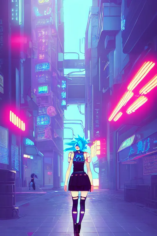 Image similar to digital illustration of cyberpunk pretty girl with blue hair, wearing a short mini skirt and tank top, with a cyberpunk dragon in city street at night, by makoto shinkai, ilya kuvshinov, lois van baarle, rossdraws, basquiat