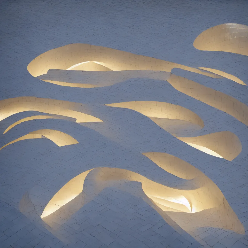 Image similar to an incredibly smooth curvilinear architectural sculpture, a golden pool on the ground is envelope by folding white surfaces, blue light, visually satisfying architecture render