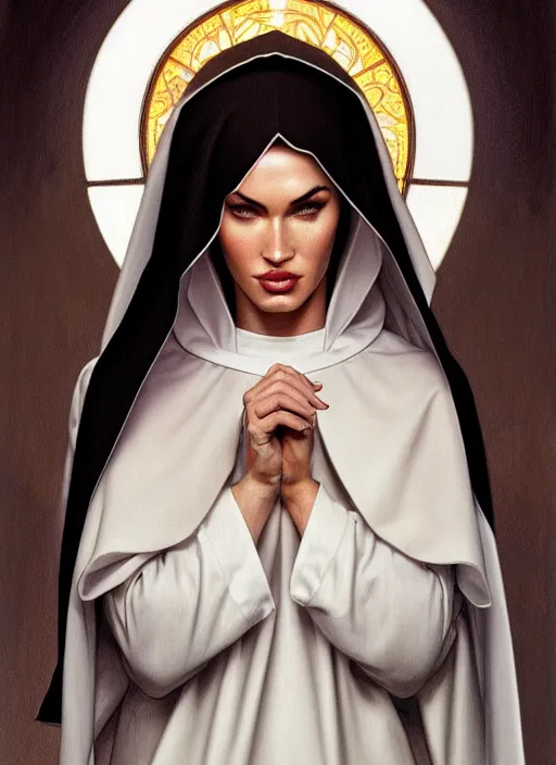 Image similar to portrait of megan fox as a hot and sultry nun, catholic, church, bible, christian, intrigante, headshot, highly detailed, digital painting, artstation, concept art, sharp focus, cinematic lighting, illustration, art by artgerm and greg rutkowski, alphonse mucha, cgsociety