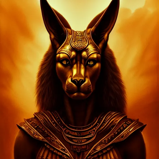 Image similar to Majestic gracious Anubis female warrior portrait, atmospheric lighting, painted, intricate, volumetric lighting, beautiful, rich deep colours masterpiece, golden hour, sharp focus, ultra detailed, by Leesha Hannigan, Ross Tran, Thierry Doizon, Kai Carpenter, Ignacio Fernández Ríos