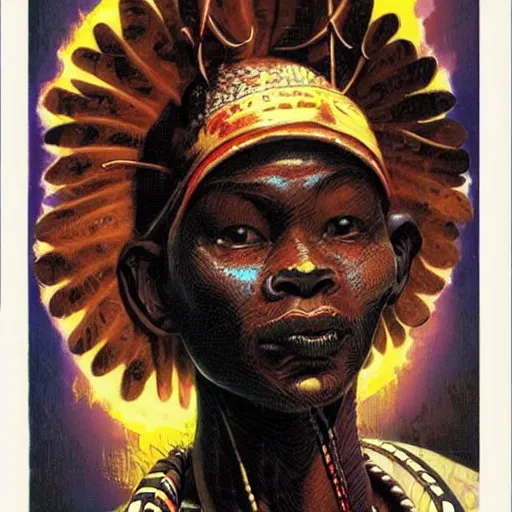 Image similar to an african tribal chief, art by drew struzan & joseph christian leyendecker, retro futuristic