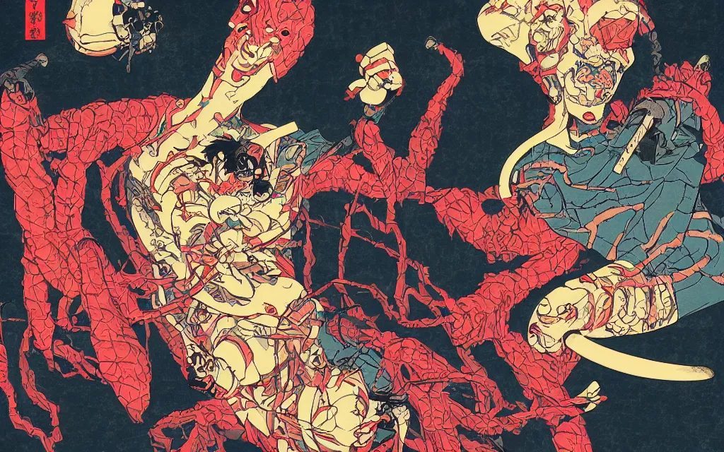 Image similar to digital cyber punk horror ukiyo-e painting, artstation