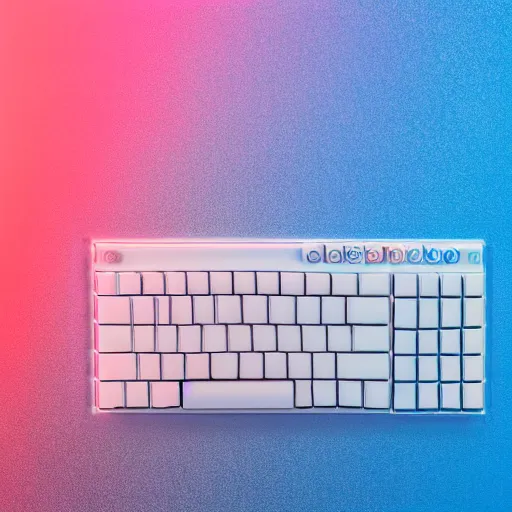 Image similar to an ultra high definition professional studio quality photograph of a transparent iridescent perspex pastel coloured keyboard on white coat hook in an empty white room. dramatic lighting, ray tracing, refraction, shallow d. o. f, colour corrected, golden ratio, three point light. volumetric shadows. god rays.