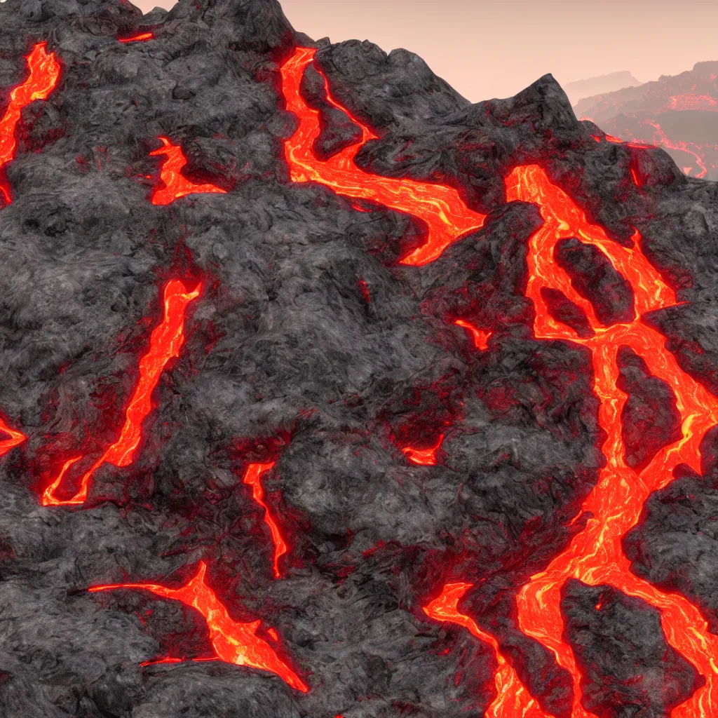 Image similar to satanic mountain goats with glowing red eyes on a sheer obsidian cliffside with lavaflow, lava waterfalls, photorealistic landscape render, octane render, vray, pools of lava, beautiful, ambient occlusion, particle effects, breaking ocean waves, light bloom, rtx