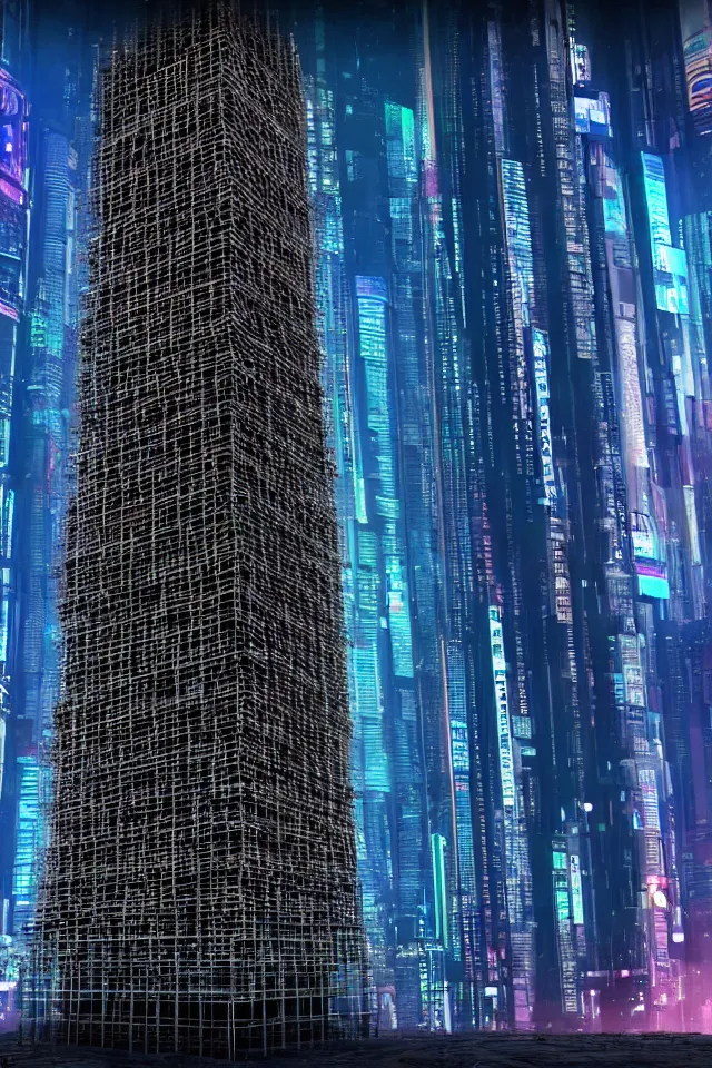 Image similar to cyberpunk tower made out of billions of stacked computer screens