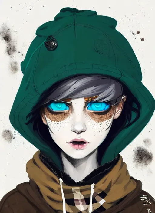 Image similar to highly detailed portrait of a sewer punk lady student, blue eyes, burberry hoody, hat, white hair by atey ghailan, by greg tocchini, by kaethe butcher, gradient green, black, brown, cream and blue color scheme, grunge aesthetic!!! ( ( graffiti tag wall flat colour background ) )