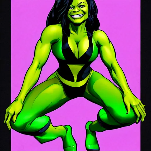 Image similar to Actress Zoe Saldana as She-Hulk, smiling, poster framed, comic pinup style, sports illustrated, detailed legs, artstation, illustration, posterized, Roge Antonio, Jen Bartel