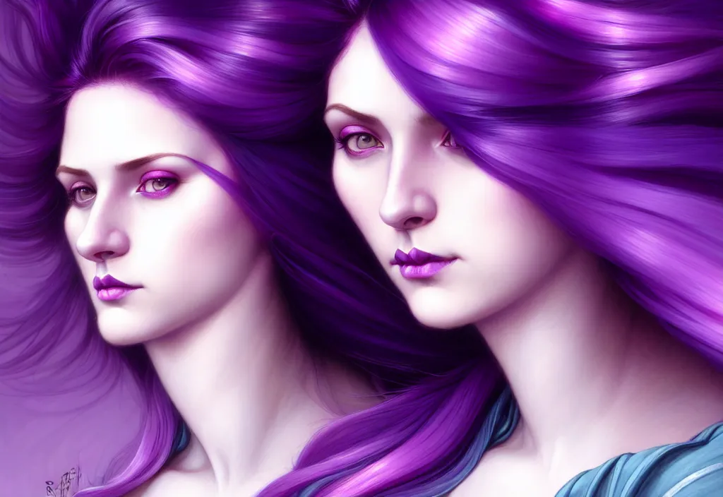 Image similar to Purple hair relistic Portrait of a two woman with bright colored flying hair, all shades of purple. Beauty face, Hair coloring, fantasy, intricate, elegant, highly detailed, digital painting, artstation, concept art, smooth, sharp focus, illustration, art by artgerm and greg rutkowski and alphonse mucha