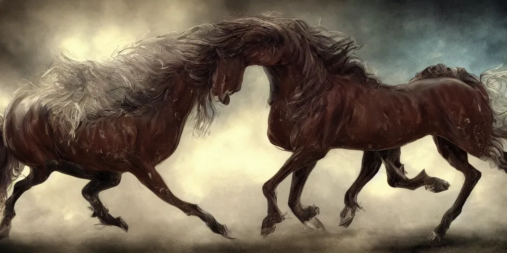 Prompt: a horse with multiple hornds, fantasy creature, fantasy, digital art, highly detalied