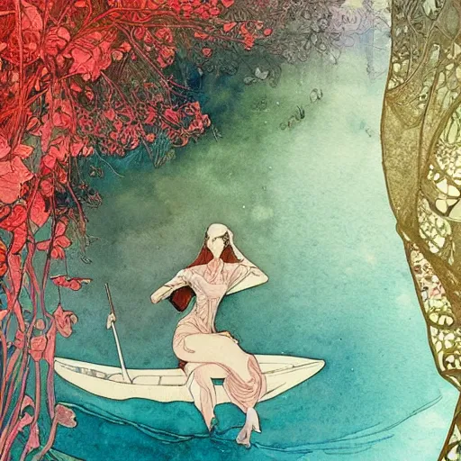 Prompt: a beautiful and inspiring intricate watercolor illustration inside a river, red robin trees forming a tunnel, 4 k, ultra - wide angle, by william turner, by victo ngai, by alphonse mucha, by miho hirano, hd, trending on artstation, hyper detailed, muted colors, inspiring, beautiful, paradisiac