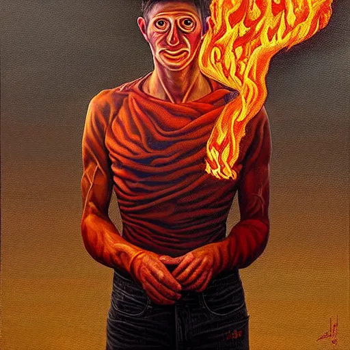 Image similar to a hyper realistic painting of a young fire - man, all body covered with a fire, by jeffrey smith, by andrea kowch