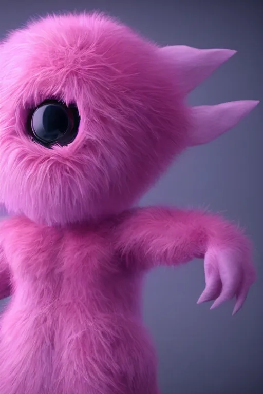 Prompt: an adorable alien creature with fluffy pink fur, highly detailed body, photorealistic camera shot, bright studio setting, studio lighting, crisp quality, light reflections, unreal engine 5 render,