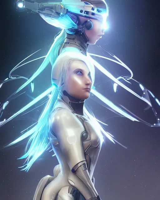 Image similar to perfect android girl on a mothership, warframe armor, beautiful face, scifi, futuristic, galaxy, nebula, raytracing, dreamy, long white hair, blue cyborg eyes, sharp focus, cinematic lighting, highly detailed, artstation, divine, by gauthier leblanc, kazuya takahashi, huifeng huang