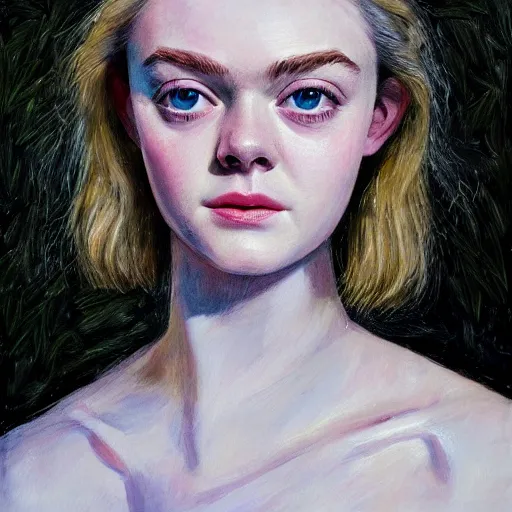 Image similar to professional painting of Elle Fanning in the style of Jacek Malczewski, head and shoulders portrait, symmetrical facial features, smooth, sharp focus, illustration, intricate, stormy weather, extremely detailed masterpiece,