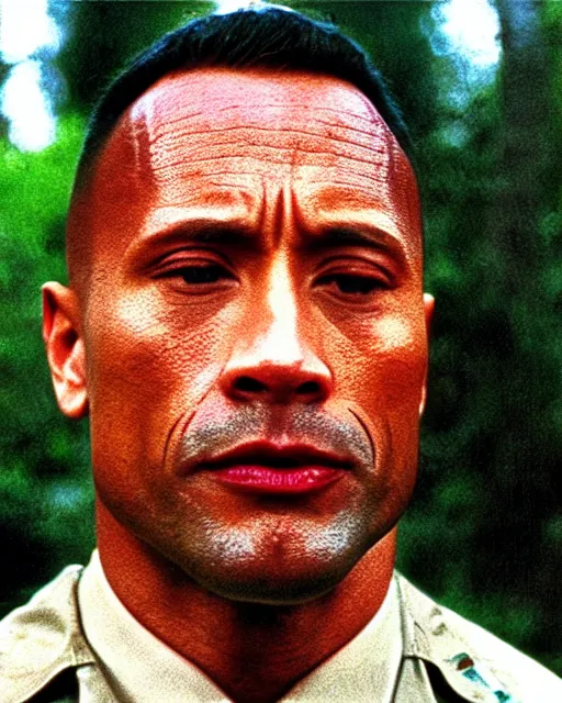 Image similar to film still close up shot of dwayne johnson as forrest gump in the movie forrest gump. photographic, photography