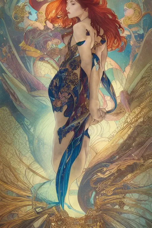 Prompt: swimming through time, by artgerm and yoshitaka amano and moebius and alphonse mucha, hyperdetailed, dc comics, ornate, nebula, explosions in the sky, trending on artstation