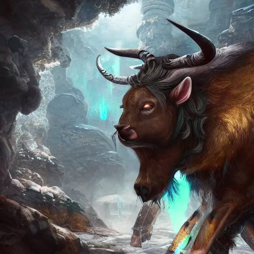 Prompt: a minotaur in a small crystal cave fantasy artwork epic detailed and intricate digital painting trending on artstation by wlop octane render