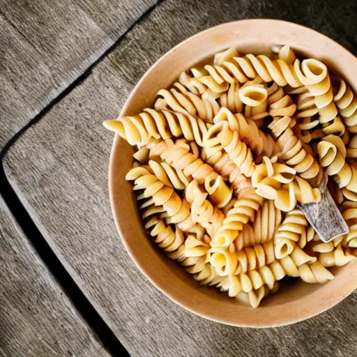 Prompt: a bowl of pasta on a picnic table