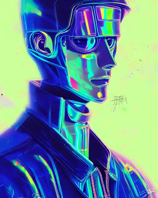 Image similar to detailed portrait of European Professional Fashion Operator Guy Sheen Holographic Jacket coat, Futuristic sci-fi fashion, royal attire Akira, Evangelion, cyberpunk, neotokyo, synthwave, aesthetics, futuristic, bladerunner movie scene by ismail inceoglu dragan bibin hans thoma greg rutkowski Alexandros Pyromallis Nekro Rene Margitte illustrated Perfect face, fine details, realistic shaded, fine-face, pretty face sharp chine