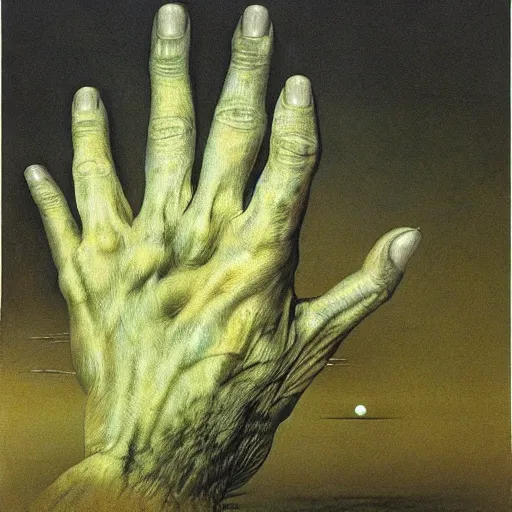 Prompt: hand coming out of space, zdzislaw beksinski