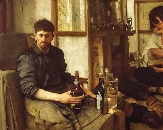 Image similar to an exhausted painter in his studio with a whiskey bottle by edgar maxence and caravaggio, intricate painting, hyper realistic, extremely detailed and beautiful aesthetic face, 8 k resolution