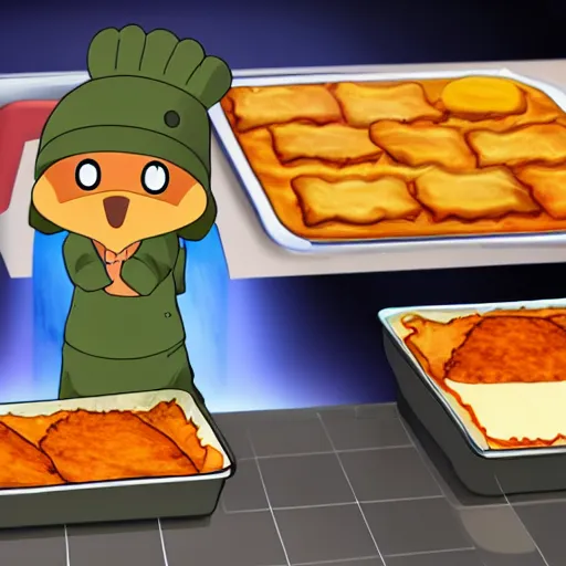 Image similar to anime style cute platypus on a kitchen wearing a chef hat and holding a lasagna into an oven, anime style, 3 d, chibi style